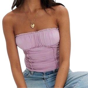 Free People Strapless Ruched Tube Top Size Medium Pastel Lilac Coquette Smocked